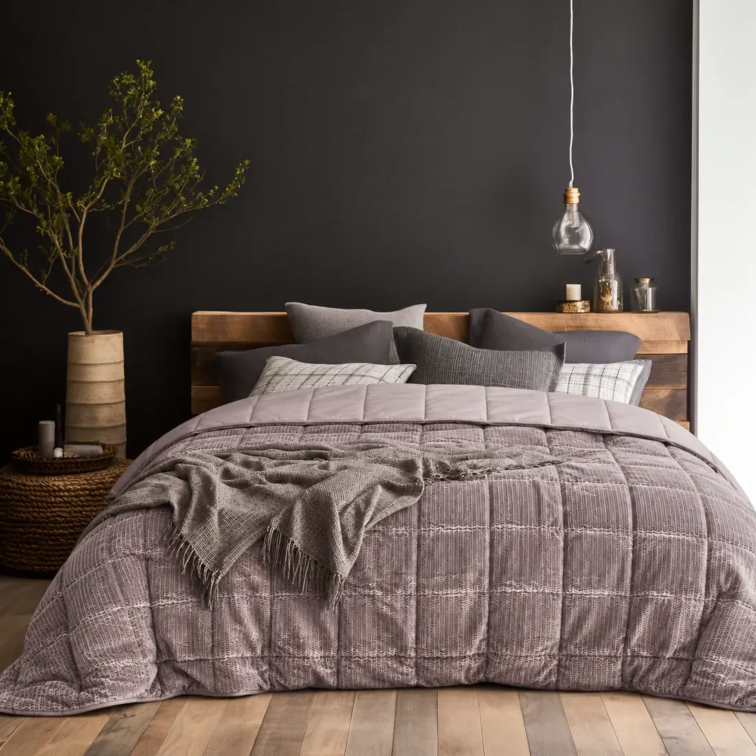 Modern bedroom with a dark grey velvet bedspread on the bed.