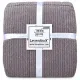 Folded grey velvet bedspread secured with white ribbons and labeled Lavandoux.