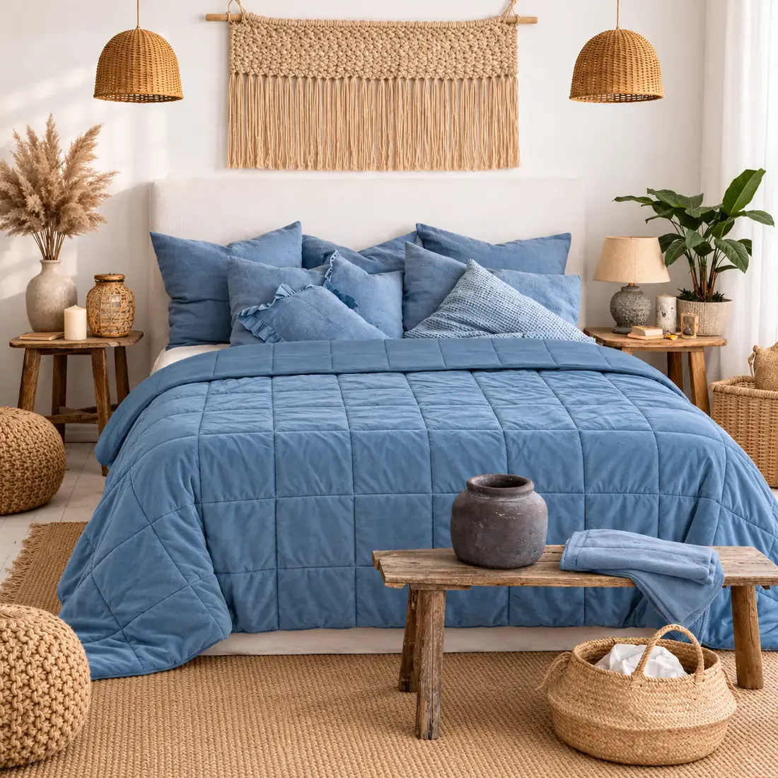 Warm, cosy bedroom with a velvet bedspread in blue on the bed.