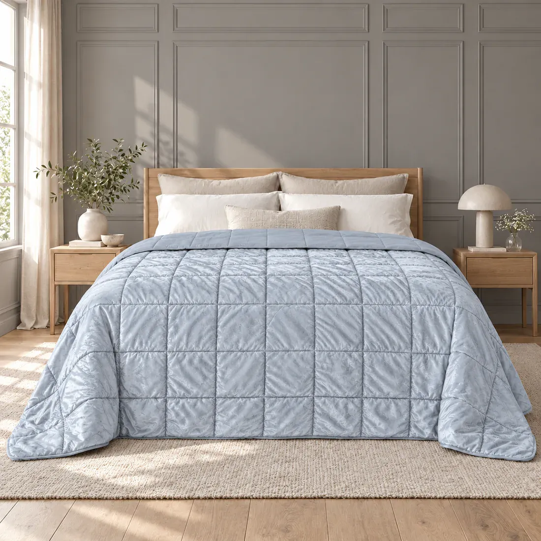 Lichte slaapkamer met een velvet dekbed zonder overtrek lichtgrijs op het bed.