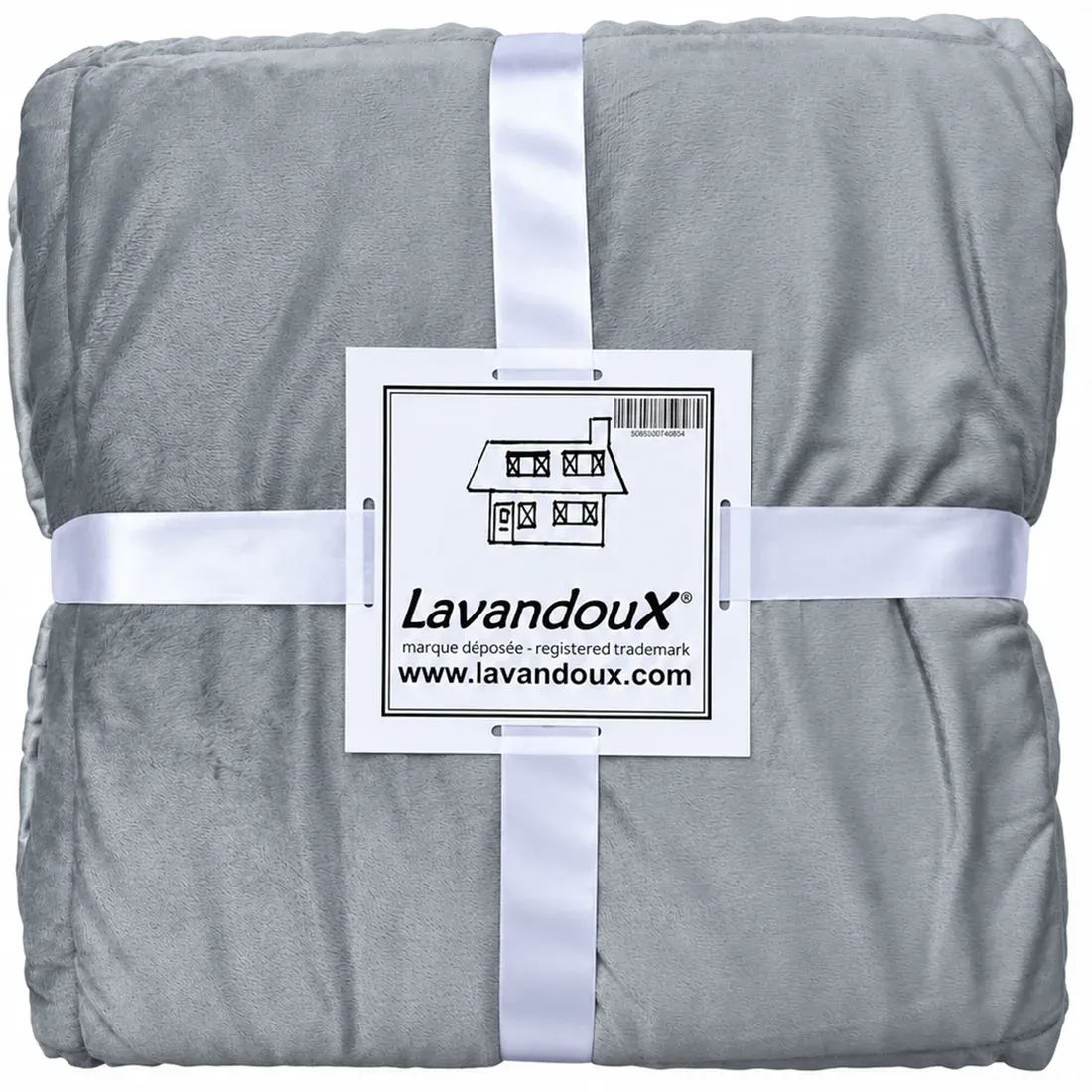 Folded light grey velvet bedspread secured with white ribbons and labeled Lavandoux.