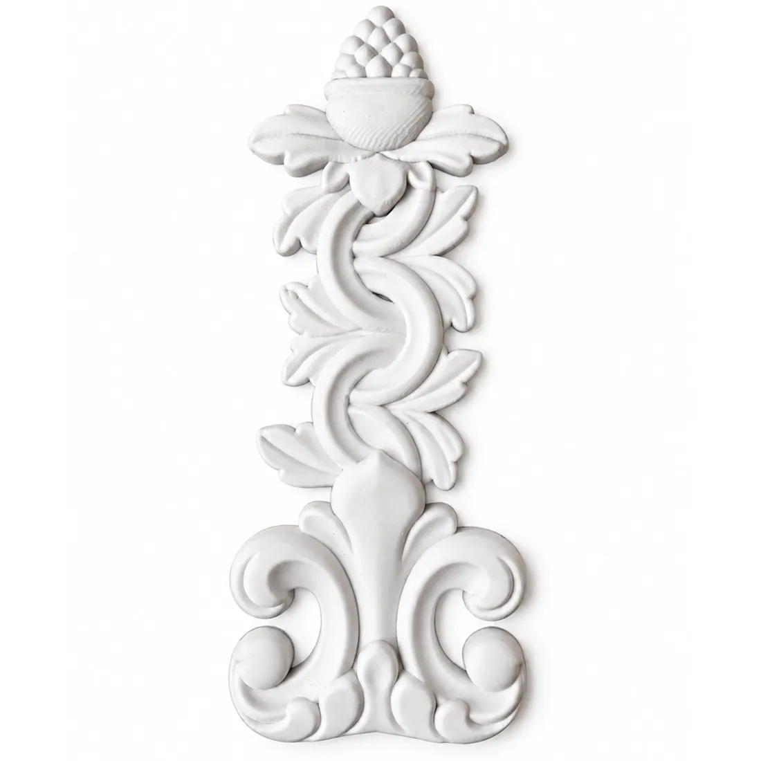 An ornate white decorative furniture applique featuring intricate leaf and pinecone designs.