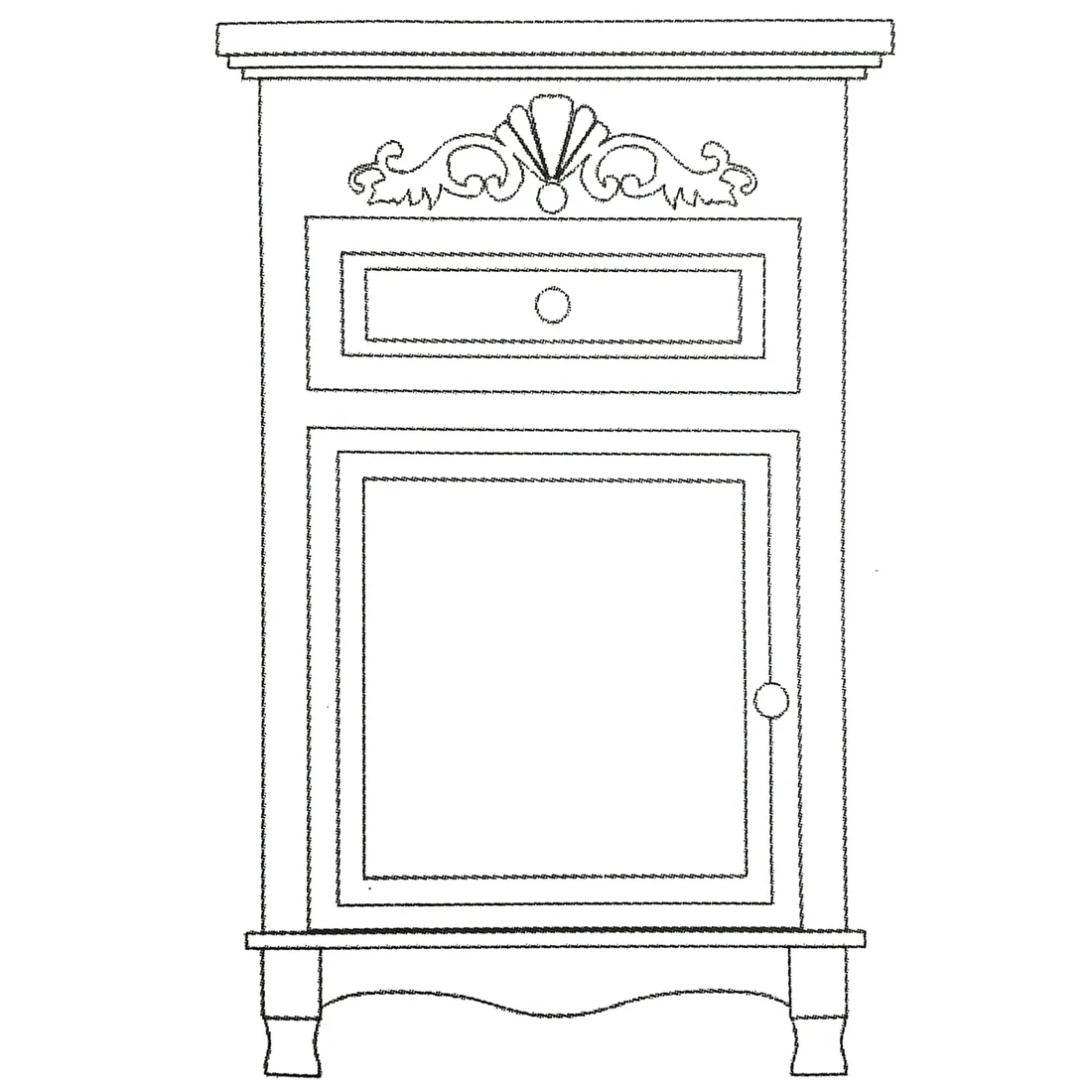 Lijntekening van een kastje met meubel ornamenten, een kleine lade en een deur met een ronde knop.