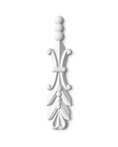 An ornate white decorative furniture applique featuring symmetrical scrolls, and bead details.