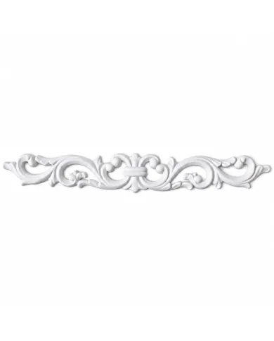 An ornate white decorative furniture applique featuring symmetrical curls and flowing leaf details.