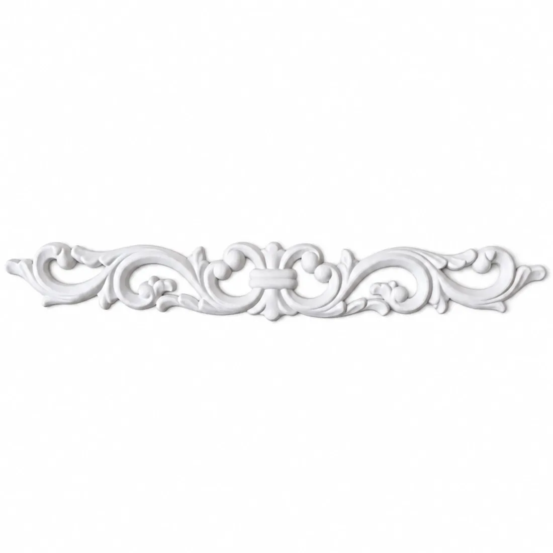 An ornate white decorative furniture applique featuring symmetrical curls and flowing leaf details.