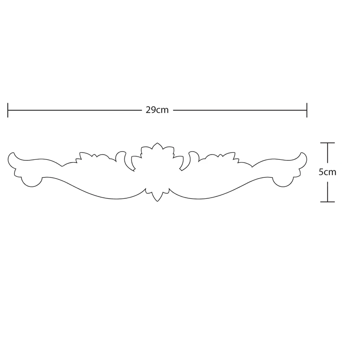Illustration of a decorative furniture applique, detailing its measurements.
