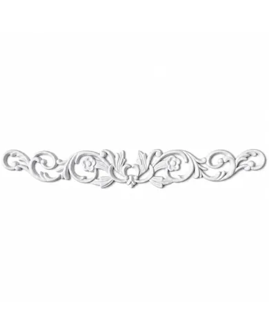 An ornate white decorative furniture applique featuring delicate flowers and fine scrollwork.