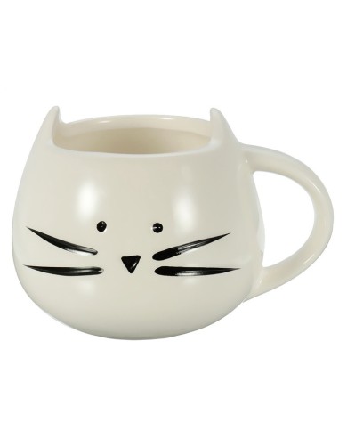 A white ceramic cat mug shaped like a cat's face with ears and a tail-like handle.