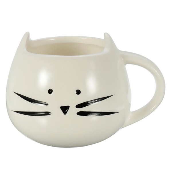 A white ceramic cat mug shaped like a cat's face with ears and a tail-like handle.