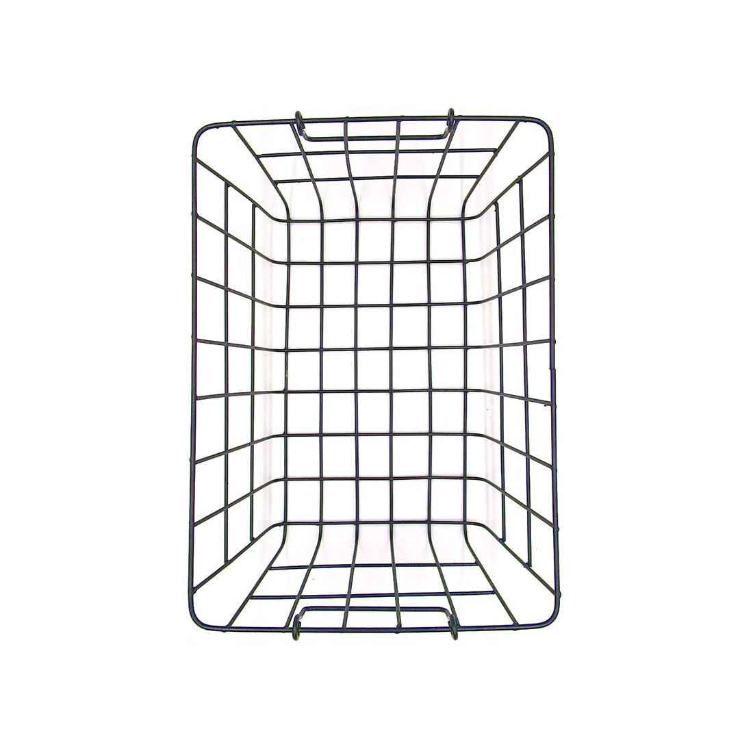 Top view of a black wire storage basket with handles. Top view of a black wire storage basket with handles.