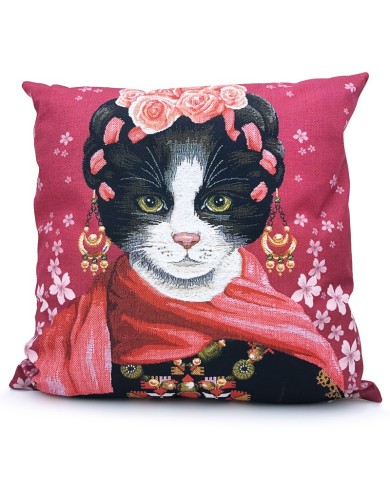 Cat Cushion Cover Frida Kahlo Red