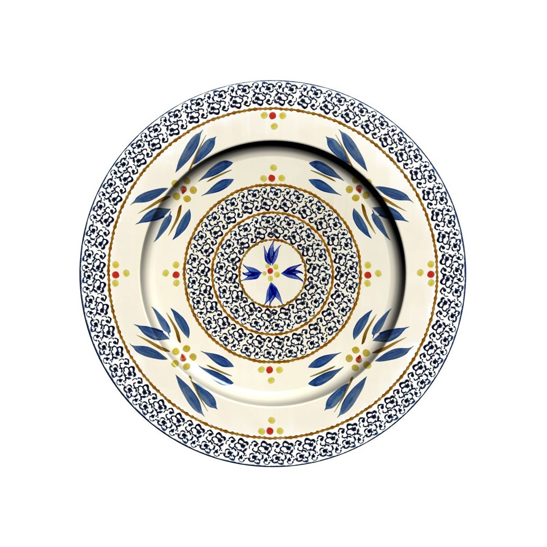 A decorative metal charger plate featuring a central circular pattern with blue flowers and colourful dots.