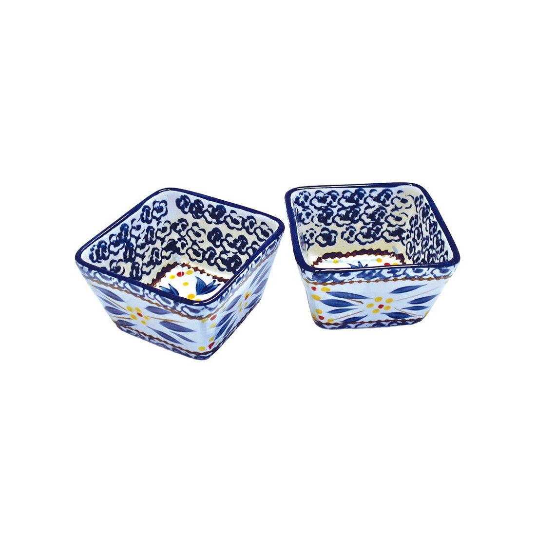 Tapas set of 2 square ceramic bowls with intricate blue and yellow floral patterns inside and out, displayed side by side. Tapas set of 2 square ceramic bowls with intricate blue and yellow floral patterns inside and out, displayed side by side.