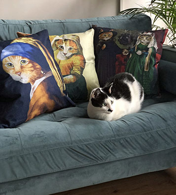 Een zwart-witte kat zit comfortabel op een blauwe bank naast drie decoratieve katten kussens